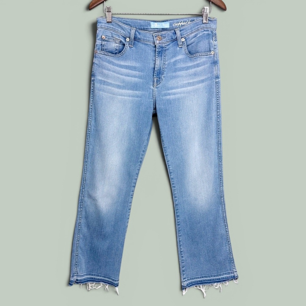 7 For All Mankind b(air) Cropped Bootcut Jeans Light Wash Raw Hem Size 28